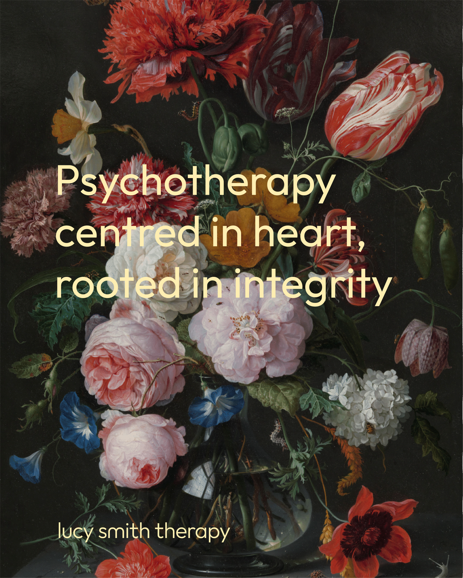 Lucy Smith Therapy. Social post with brand tagline: Pyschotherapy centred in heart, rooted in integrity.